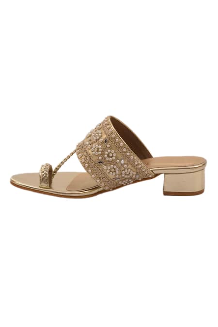 Irasoles Gold Pearls Kolhapuri Heels With Bloom Embroidery Online at Aza Fashions Irasoles_Gold Pearls Kolhapuri Heels With Bloom Embroidery_Online_at_Aza_Fashions