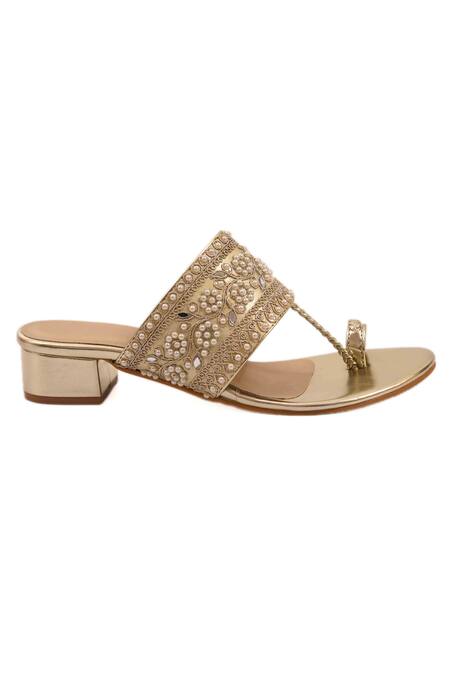 Shop Irasoles Gold Pearls Kolhapuri Heels With Bloom Embroidery Online at Aza Fashions Shop_Irasoles_Gold Pearls Kolhapuri Heels With Bloom Embroidery_Online_at_Aza_Fashions