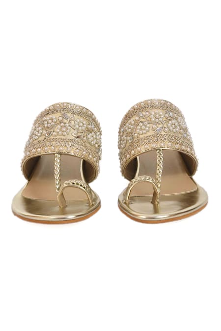 Shop Irasoles Gold Pearls Kolhapuri Heels With Bloom Embroidery at Aza Fashions Shop_Irasoles_Gold Pearls Kolhapuri Heels With Bloom Embroidery_at_Aza_Fashions