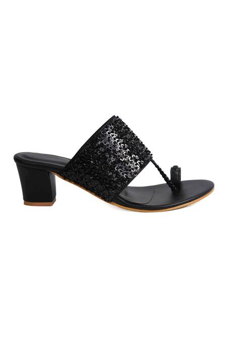 Irasoles_Black Cut Work, Sequins Kaira Cutdana And Kolhapuri Block Heels_Online_at_Aza_Fashions