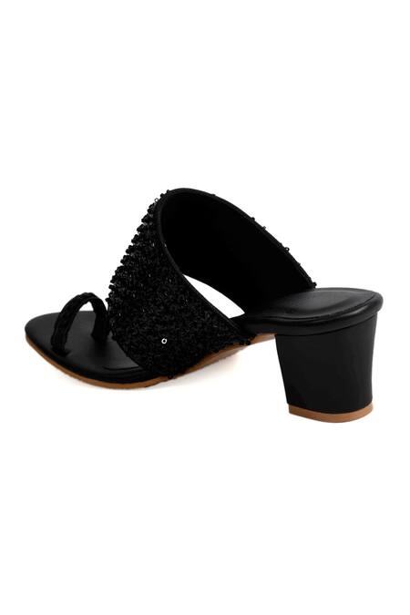 Buy_Irasoles_Black Cut Work, Sequins Kaira Cutdana And Kolhapuri Block Heels_Online_at_Aza_Fashions
