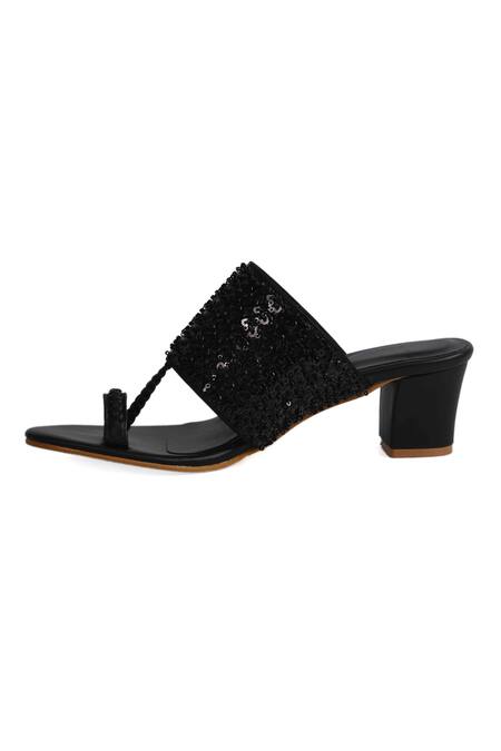 Shop_Irasoles_Black Cut Work, Sequins Kaira Cutdana And Kolhapuri Block Heels_Online_at_Aza_Fashions