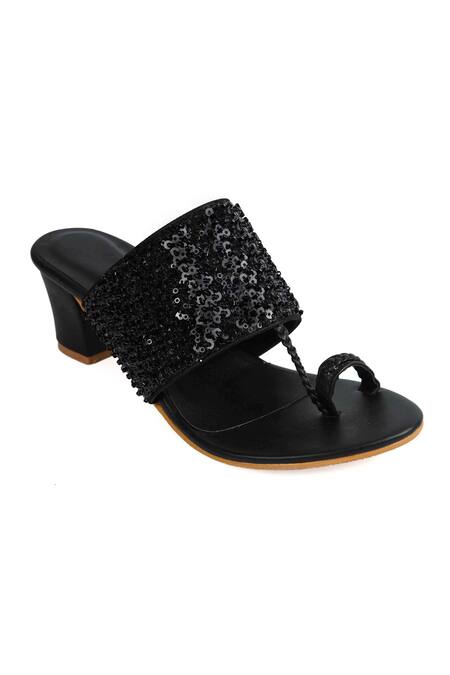 Buy_Irasoles_Black Cut Work, Sequins Kaira Cutdana And Kolhapuri Block Heels