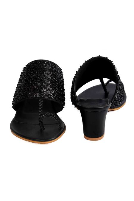 Shop_Irasoles_Black Cut Work, Sequins Kaira Cutdana And Kolhapuri Block Heels