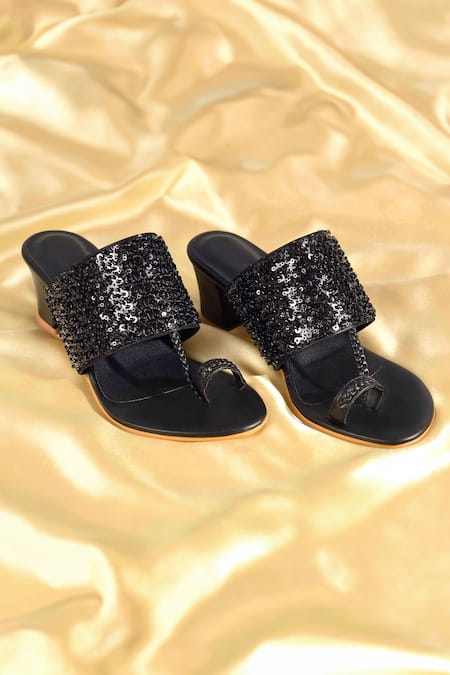 Irasoles Black Cut Work, Sequins Kaira Cutdana And Kolhapuri Block Heels 