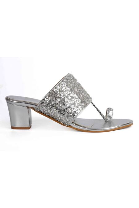 Irasoles_Silver Sequins, Cut Work Cutdana Kolhapuri Block Heels_Online_at_Aza_Fashions