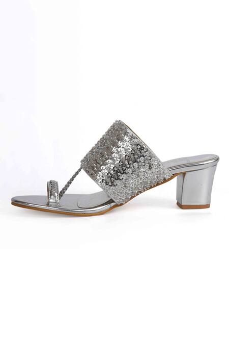 Buy_Irasoles_Silver Sequins, Cut Work Cutdana Kolhapuri Block Heels_Online_at_Aza_Fashions