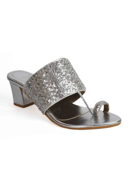 Irasoles_Silver Sequins, Cut Work Cutdana Kolhapuri Block Heels_at_Aza_Fashions