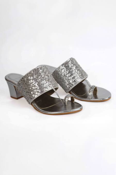 Buy_Irasoles_Silver Sequins, Cut Work Cutdana Kolhapuri Block Heels