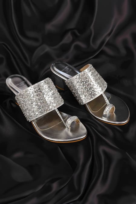 Irasoles Silver Sequins, Cut Work Cutdana Kolhapuri Block Heels 
