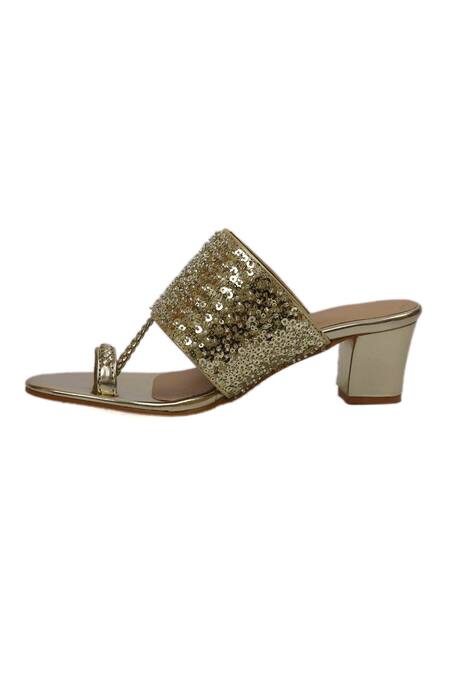 Irasoles_Gold Cut Work, Sequins Cutdana Kolhapuri Block Heels_Online_at_Aza_Fashions