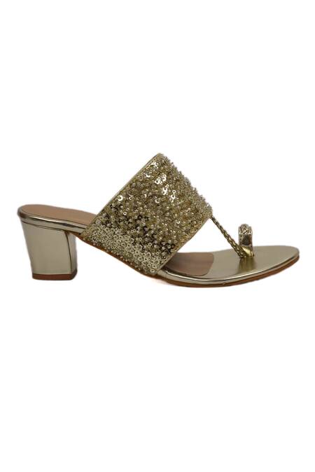 Buy_Irasoles_Gold Cut Work, Sequins Cutdana Kolhapuri Block Heels_Online_at_Aza_Fashions