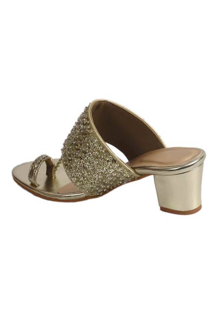 Shop_Irasoles_Gold Cut Work, Sequins Cutdana Kolhapuri Block Heels_Online_at_Aza_Fashions
