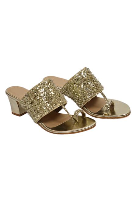 Irasoles_Gold Cut Work, Sequins Cutdana Kolhapuri Block Heels_at_Aza_Fashions