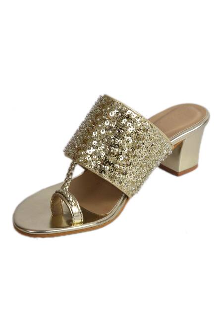 Buy_Irasoles_Gold Cut Work, Sequins Cutdana Kolhapuri Block Heels