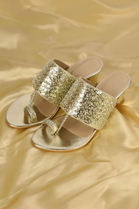 Irasoles Gold Cut Work, Sequins Cutdana Kolhapuri Block Heels 