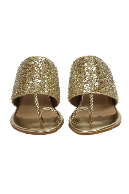 Shop_Irasoles_Gold Cut Work, Sequins Cutdana Kolhapuri Block Heels