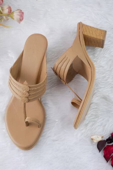 Shop Irasoles Brown Applique Nut Braided Block Heels at Aza Fashions Shop_Irasoles_Brown Applique Nut Braided Block Heels_at_Aza_Fashions