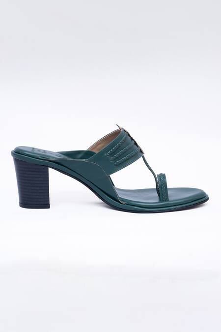 Shop Irasoles Green Applique Teal Braided Kolhapuri Heels at Aza Fashions Shop_Irasoles_Green Applique Teal Braided Kolhapuri Heels_at_Aza_Fashions