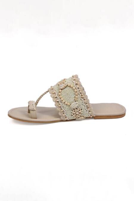 Irasoles Brown Beads, Pearls, Tassels Embroidered Kolhapuri Flats at Aza Fashions Irasoles_Brown Beads, Pearls, Tassels Embroidered Kolhapuri Flats_at_Aza_Fashions