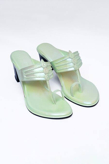 Shop Irasoles Green Glossy Kolhapuri Heels at Aza Fashions Shop_Irasoles_Green Glossy Kolhapuri Heels_at_Aza_Fashions