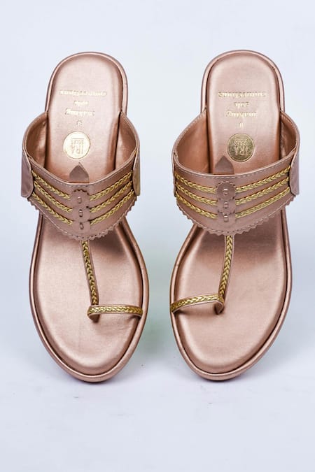 Shop_Irasoles_Rose Gold Metallic Thread Kolhapuri Wedges _at_Aza_Fashions