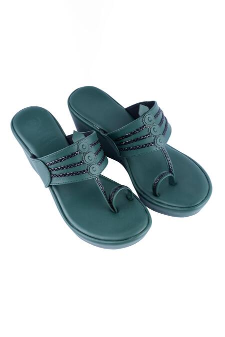 Shop Irasoles Green Kolhapuri Braided Wedges at Aza Fashions Shop_Irasoles_Green Kolhapuri Braided Wedges_at_Aza_Fashions