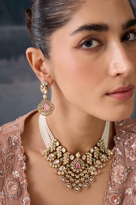 Paisley Pop Pink Stones, Beads Layered Necklace Set With Earrings Online at Aza Fashions Paisley Pop_Pink Stones, Beads Layered Necklace Set With Earrings _Online_at_Aza_Fashions