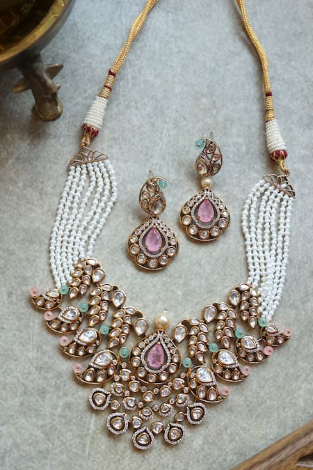 Shop Paisley Pop Pink Stones, Beads Layered Necklace Set With Earrings Online at Aza Fashions Shop_Paisley Pop_Pink Stones, Beads Layered Necklace Set With Earrings _Online_at_Aza_Fashions