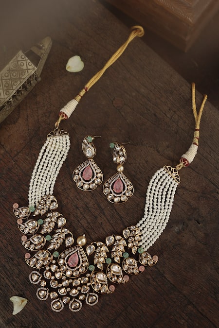 Shop Paisley Pop Pink Stones, Beads Layered Necklace Set With Earrings at Aza Fashions Shop_Paisley Pop_Pink Stones, Beads Layered Necklace Set With Earrings _at_Aza_Fashions