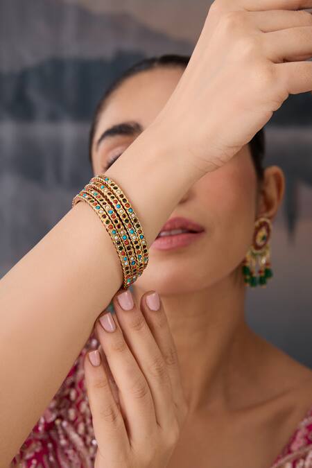 Paisley Pop_Multi Color Stones, Metallic Thread Multicolor Jadau Bangles Set Of 4 _Online_at_Aza_Fashions