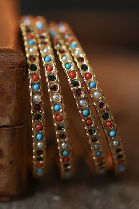 Buy_Paisley Pop_Multi Color Stones, Metallic Thread Multicolor Jadau Bangles Set Of 4 _Online_at_Aza_Fashions