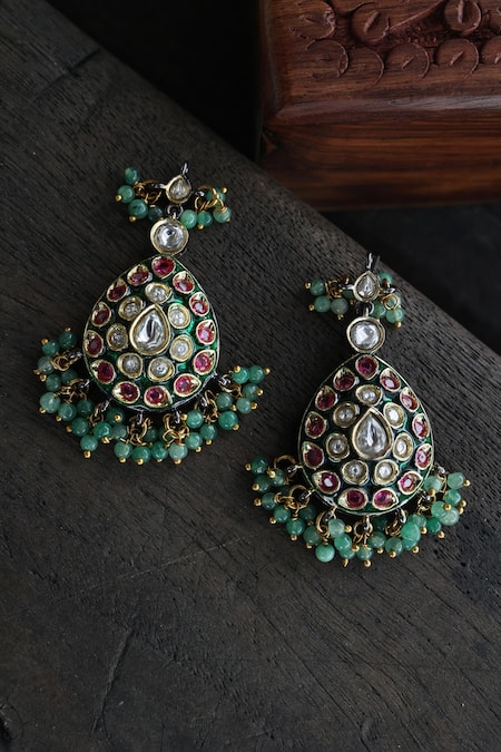 Paisley Pop_Green Beads, Zari Polki Drop Earrings _Online_at_Aza_Fashions