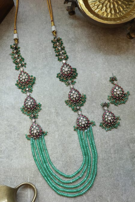 Paisley Pop Green Beads, Zari Polki Layered Necklace And Earring Set Online at Aza Fashions Paisley Pop_Green Beads, Zari Polki Layered Necklace And Earring Set _Online_at_Aza_Fashions