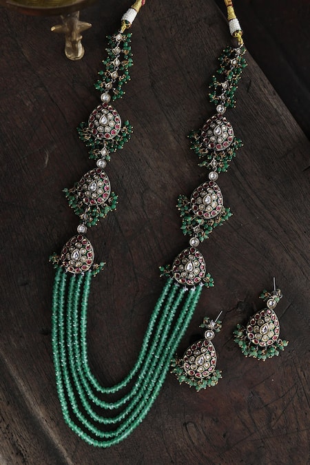Shop Paisley Pop Green Beads, Zari Polki Layered Necklace And Earring Set at Aza Fashions Shop_Paisley Pop_Green Beads, Zari Polki Layered Necklace And Earring Set _at_Aza_Fashions