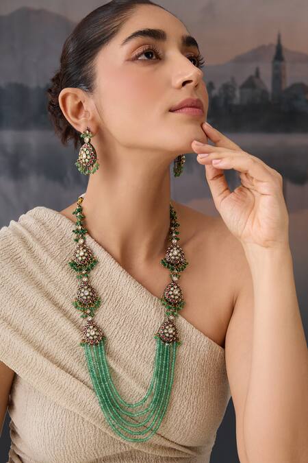 Buy Paisley Pop Green Beads, Zari Polki Layered Necklace And Earring Set Online at Aza Fashions Buy_Paisley Pop_Green Beads, Zari Polki Layered Necklace And Earring Set _Online_at_Aza_Fashions