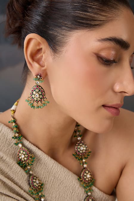 Shop Paisley Pop Green Beads, Zari Polki Layered Necklace And Earring Set Online at Aza Fashions Shop_Paisley Pop_Green Beads, Zari Polki Layered Necklace And Earring Set _Online_at_Aza_Fashions