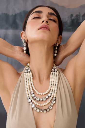 Buy_Paisley Pop_Silver Plated Pearls, Cut Work, Crystals Layered Polki Necklace Set _Online_at_Aza_Fashions