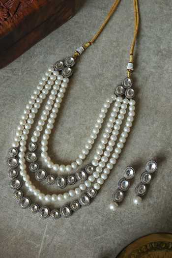Shop_Paisley Pop_Silver Plated Pearls, Cut Work, Crystals Layered Polki Necklace Set _Online_at_Aza_Fashions