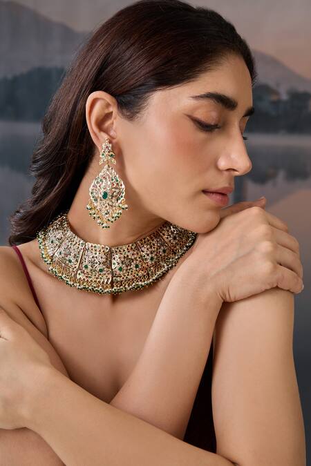 Paisley Pop_Green Gota Patti, Pearls, Stones Garnet Choker Set _Online_at_Aza_Fashions