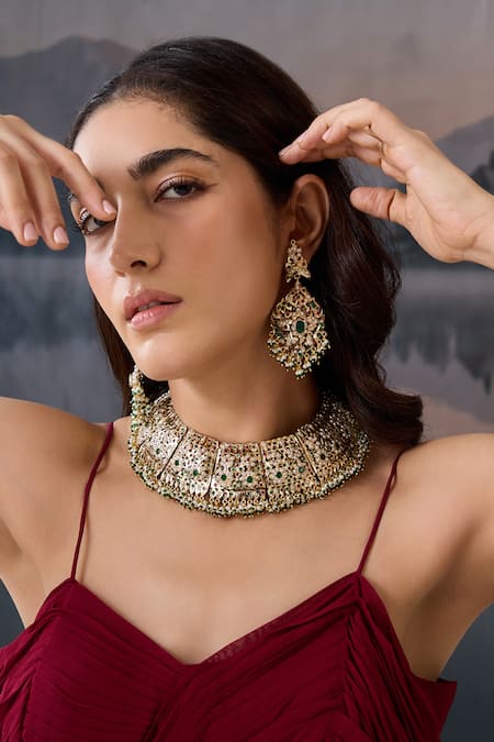 Buy_Paisley Pop_Green Gota Patti, Pearls, Stones Garnet Choker Set _Online_at_Aza_Fashions