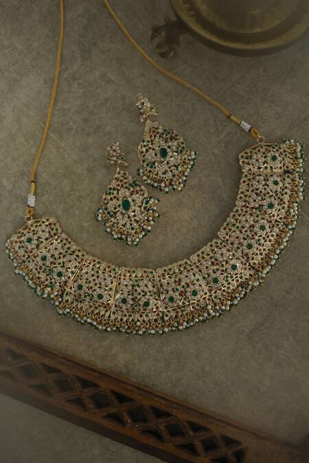 Shop_Paisley Pop_Green Gota Patti, Pearls, Stones Garnet Choker Set _Online_at_Aza_Fashions