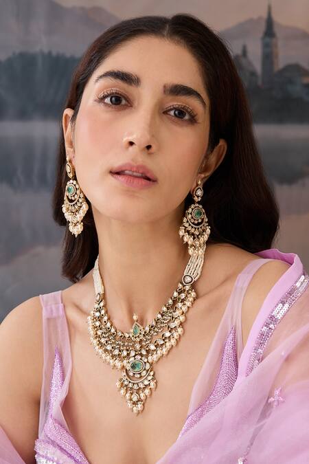 Paisley Pop_Green Pearls, Stones Polki Embellished Necklace Set _Online_at_Aza_Fashions