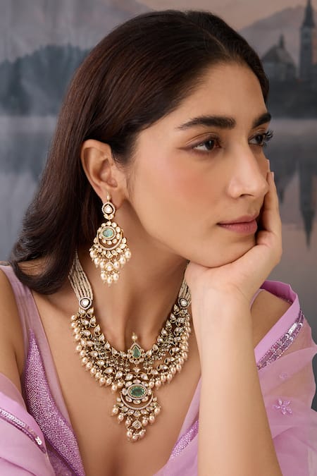 Paisley Pop Polki Embellished Green Necklace Set 