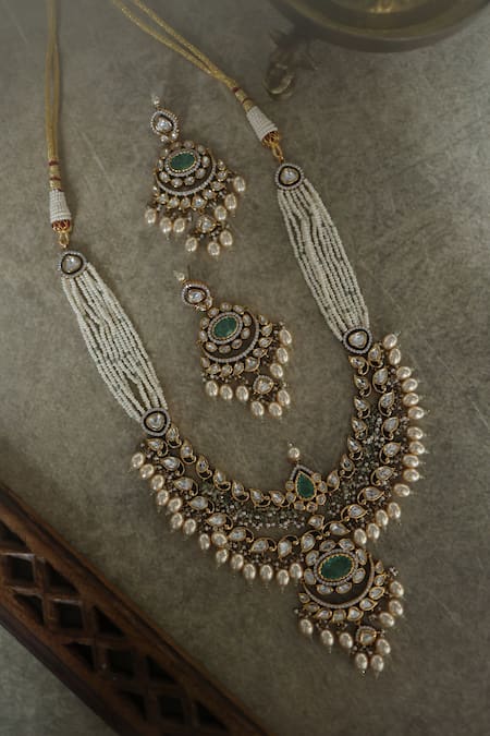 Paisley Pop Polki Embellished Green Necklace Set 