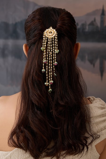 Paisley Pop_Multi Color Pearls, Stones Multicolor Kundan Embellished Braid Pin _Online_at_Aza_Fashions