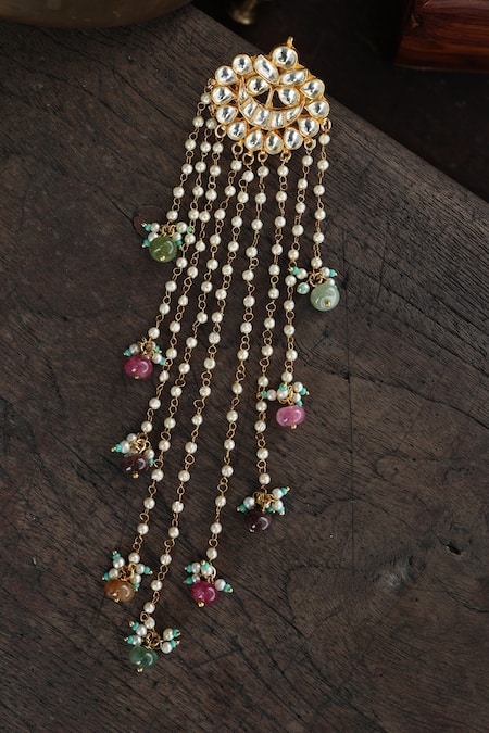 Shop_Paisley Pop_Multi Color Pearls, Stones Multicolor Kundan Embellished Braid Pin _at_Aza_Fashions