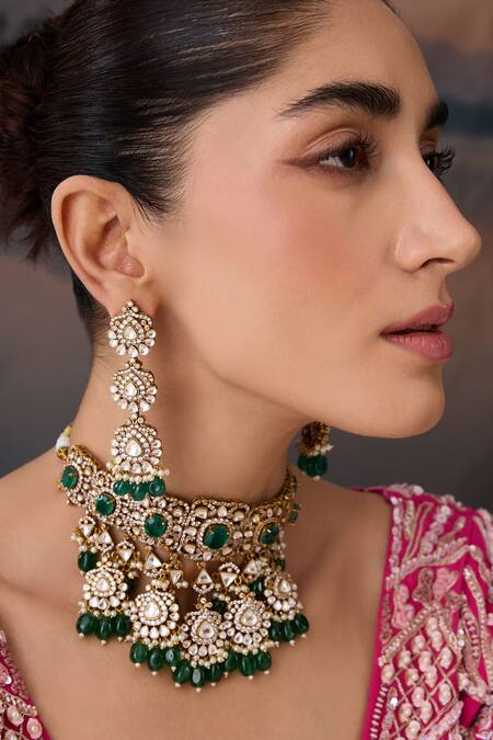 Buy_Paisley Pop_Green Crystals, Stones Emerald Choker Set _Online_at_Aza_Fashions