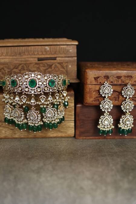 Shop_Paisley Pop_Green Crystals, Stones Emerald Choker Set _Online_at_Aza_Fashions