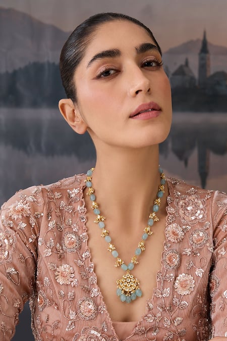 Paisley Pop Blue Kundan Stone Pendant Necklace Online at Aza Fashions Paisley Pop_Blue Kundan Stone Pendant Necklace _Online_at_Aza_Fashions